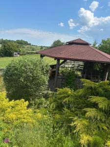 a gazebo with a red roof in a field at Agroturystyka na Górce in Nowa Wies