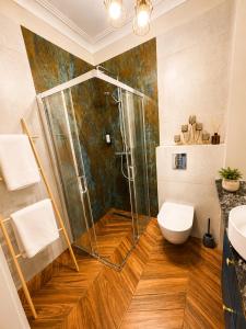 a bathroom with a shower with a toilet and a sink at My Mountain View - 50 m od Krupówek in Zakopane