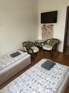 a room with two beds and a table and chairs at Agroturystyka na Górce in Nowa Wies