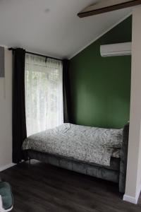 a green bedroom with a bed and a window at Lubānas mototrase in Lubāna