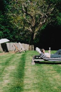 a man laying in a hammock in the grass at Maison Hyacinthe in Saint-Pierre-Langers