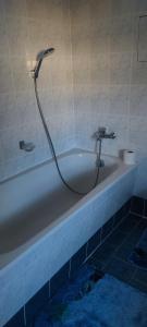 a bath tub with a shower in a bathroom at Elsternest in Neubrandenburg