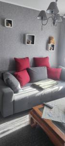 a living room with a gray couch with red pillows at Elsternest in Neubrandenburg
