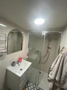 a white bathroom with a shower and a sink at DOMEK POD SOSNAMI in Krasnobród +8 photos