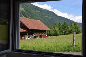 a window view of a house in a field at TheCozyHideaway in Lungern