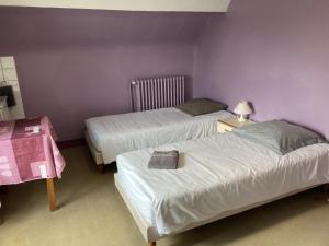 two beds in a room with purple walls at Le bouf tard chambre vue sur jardin CH7 in Vendôme