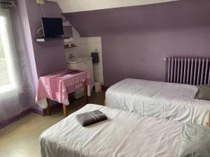 a room with two beds and a table and a television at Le bouf tard chambre vue sur jardin CH7 in Vendôme