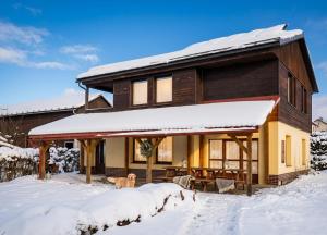 a house with a dog standing in the snow at Chata Pod Hájkem in Vrchlabí