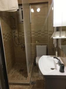 a bathroom with a shower and a sink and a toilet at Hotel Restoran EPI in Valandovo
