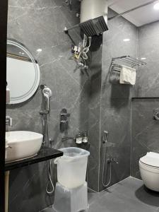 a bathroom with a sink and a toilet and a mirror at Ace Inn Hotel in Nagpur