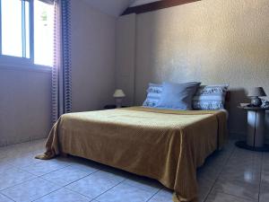 a bedroom with a bed with blue pillows and a window at L'Orchidée in Les Avirons +10 photos
