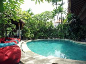 a swimming pool with chairs and trees in a yard at Matra Bali Surf Camp in Canggu