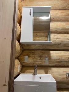 a bathroom with a white sink and a mirror at Шепіт річки in Synevyr +41 photos