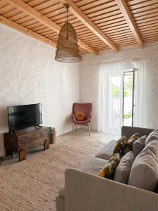 a living room with a couch and a flat screen tv at Papoila in Grândola