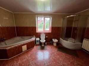 a bathroom with a tub and a toilet and a sink at Котедж "Під Крилом" in Dilyatyn