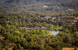 an aerial view of a river and trees at Ponderosa Camping Resort One-Bedroom Cabin 2 in Lotus
