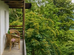 a chair sitting on a porch next to a bush at Stone Oven House in Rorá