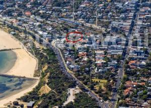 an aerial view of a city with a red circle at Beachside flat with free parking in Melbourne