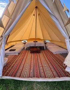 a tent with two beds and a rug inside at Hinton land glampsite in Peterchurch