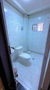 ein weißes Badezimmer mit Toilette und Waschbecken in der Unterkunft Palace M&E in Douala