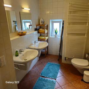 a bathroom with two sinks and a toilet and a mirror at Ganze Wohnung mit Garten in Bremen +20 photos