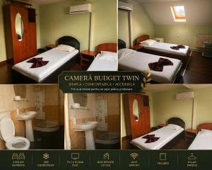 a collage of three pictures of a hotel room with beds and toilets at Pensiunea Passion in Bucharest