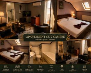 a collage of four pictures of a hotel room at Pensiunea Passion in Bucharest