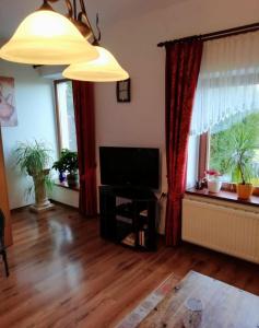 a living room with a television and a window at Eva Domizil in Laudesfeld