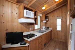 eine Küche mit einer Spüle und einer Mikrowelle in der Unterkunft Medina Lake Camping Resort Studio Cabin 1 in Lakehills