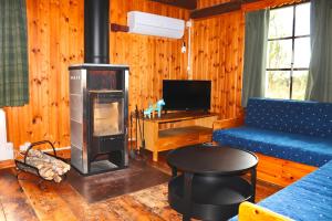 a living room with a fireplace and a blue couch at Farm Stay Between Forests and Meadows in Ulricehamn