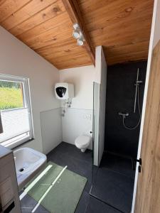 a small bathroom with a shower and a toilet at Panorama Chalet Fahner Höhe nahe Erfurt mit Klimaanlage in Witterda +6 photos