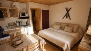 a bedroom with a bed and a kitchen with a clock on the wall at Solarium Mountain Studio 4 People Les Angles in Les Angles