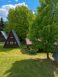 a barn and a park with a tree and a bench at Osada Kujanki - domek wakacyjny in Zakrzewo