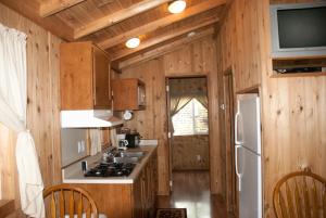 una cucina con pareti in legno, frigorifero e lavandino di Medina Lake Camping Resort Cabin 8 a Lakehills