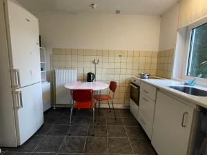 a kitchen with a table and two chairs and a sink at Cozy & Private House in Roslev