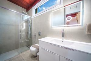 a bathroom with a toilet and a sink and a shower at Veranda Sul Mare in Gramvousá +39 photos