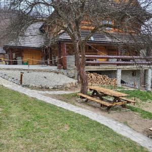 a wooden picnic table next to a tree in front of a building at Koliba Studencka Politechniki Warszawskiej in Caryńskie