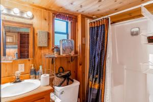 a bathroom with a sink and a toilet and a shower at Echo Lake Family Fun in Bigfork +65 photos