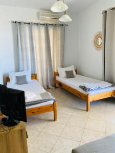 a room with two beds and a television in it at Peaceful Seaside Apartments in Vaia