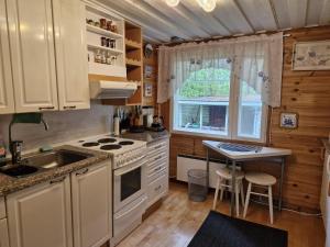 a kitchen with a stove and a sink at Peaceful riverside cottage with sauna in Myllykylä
