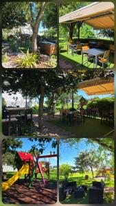 four pictures of tables and chairs in a park at Sobe - Klet Cinkuš in Hrvatski Leskovac