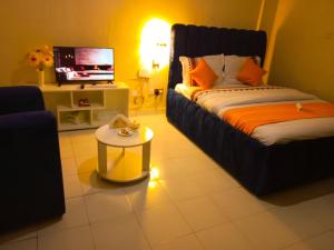 a bedroom with a bed and a table and a tv at SHAHMERALD Stays Studio in Kakamega