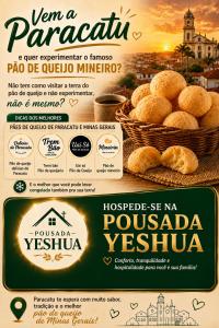 a flyer for a restaurant with a basket of pokolani biscuits at Pousada Yeshua in Paracatu
