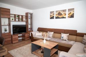 a living room with a couch and a tv at Endless View House in Gornji Rastiš