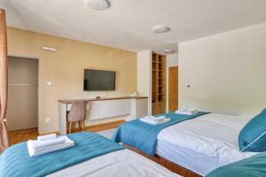 two beds in a room with a tv on the wall at Milver Apartments Kolasin in Kolašin