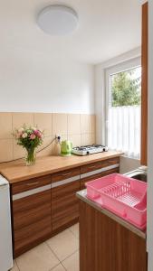 a kitchen with a pink tray on a counter at Osada Kujanki - domek wakacyjny in Zakrzewo +125 photos