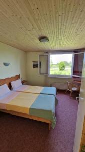 a bedroom with two beds and a large window at Hotel Rose in Beauvoir