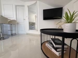 a living room with a table and a potted plant at Apartments Marina in Sukošan