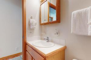 a bathroom with a sink and a mirror at Lakeside Drive Retreat in Fairplay +50 photos