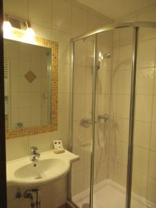 a bathroom with a shower and a sink at Waldpension Reisinger in Fladnitz an der Teichalm